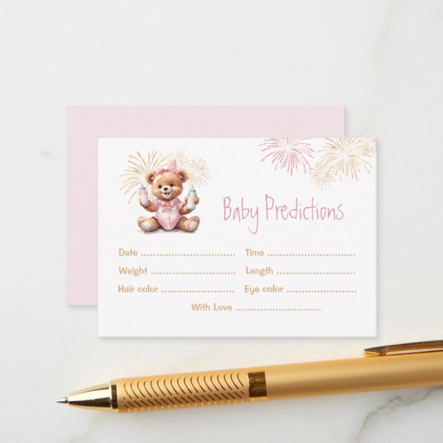 Predictions Pink New Year Girl Baby Shower Game Enclosure Card (Front/Back In Situ)