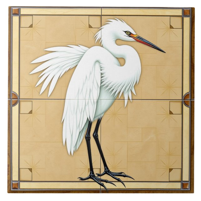 Preening Egret - Arts And Crafts Ceramic Tile (Front)