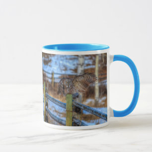 Preening Great Gray Owl and Snow Wildlife Raptor Mug