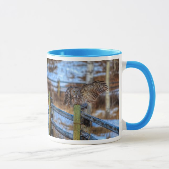 Preening Great Gray Owl and Snow Wildlife Raptor Mug (Right)