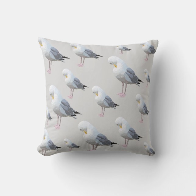 Preening Gull Pattern on Gray. Throw Pillow (Front)
