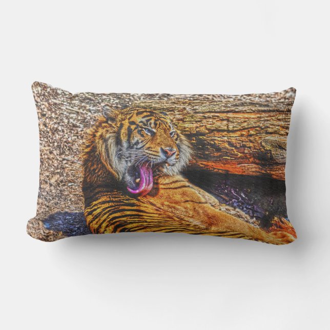Preening Sumatran Tiger Big Cat Wildlife Art Lumbar Pillow (Front)