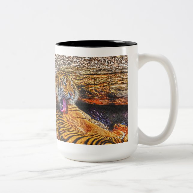 Preening Sumatran Tiger Big Cat Wildlife Art Two-Tone Coffee Mug (Right)