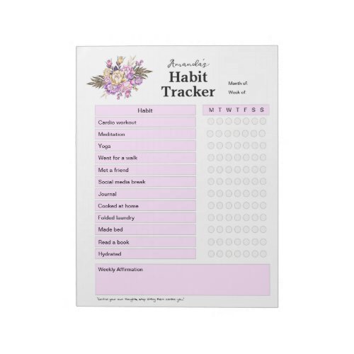 Prefilled Weekly Habit Tracker Purple Flowers Notepad