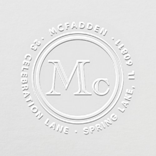 Prefix Mc Last Name Monogram Round Return Address Embosser - Add a stylish personalized touch to cards, invitations, and other correspondence with a round return address envelope embosser. All wording on this template is easy to customize or delete. The simple round design features elegant monogrammed initials for a prefixed last name beginning with "Mc," "De," "Le" etc. Modern minimalist typography name and address in a circle surrounds the monogram. Metallic stickers are also available as an option to create your own gold or silver foil seals and labels. This embosser makes a unique and thoughtful housewarming gift idea for friends, family or wedding couple who recently moved to a new home.