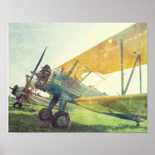 Preflight Biplane Yellow  Blue Airplane Poster