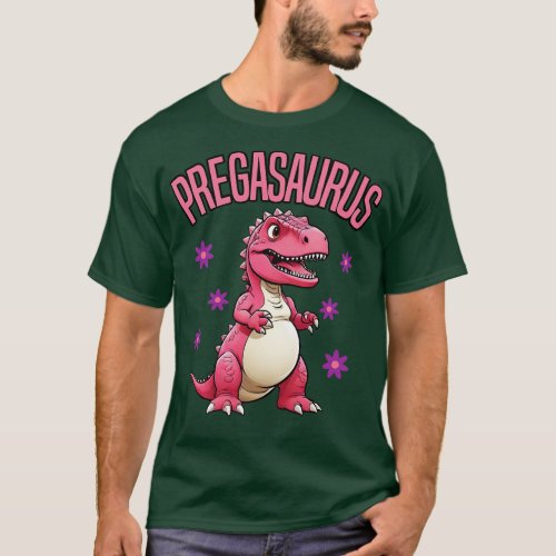 Pregasaurus Pink Pregnant Dinosaur with Flowers T_Shirt