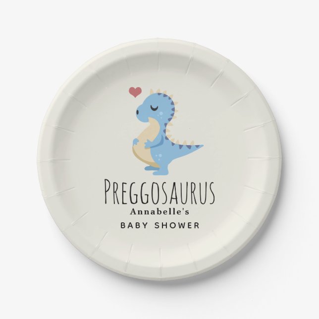 Preggosaurus Cute Dinosaur Boy Baby Shower Paper Plates (Front)
