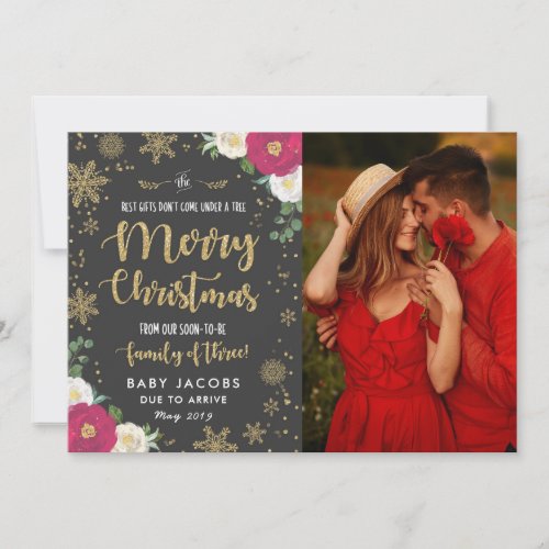 Pregnancy Announcement Christmas Photo Card Floral