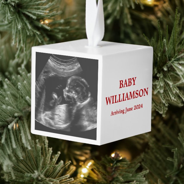 Pregnancy Announcement Holiday Ultrasound Photo Cube Ornament (Tree)