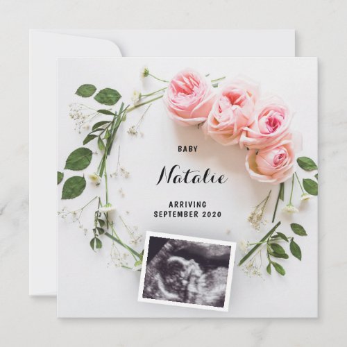 Pregnancy Announcement Pink Floral Wreath Card