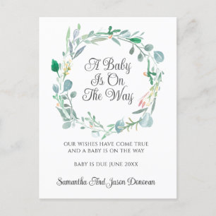 Pregnancy Announcement Pink Green Floral Wreath Postcard