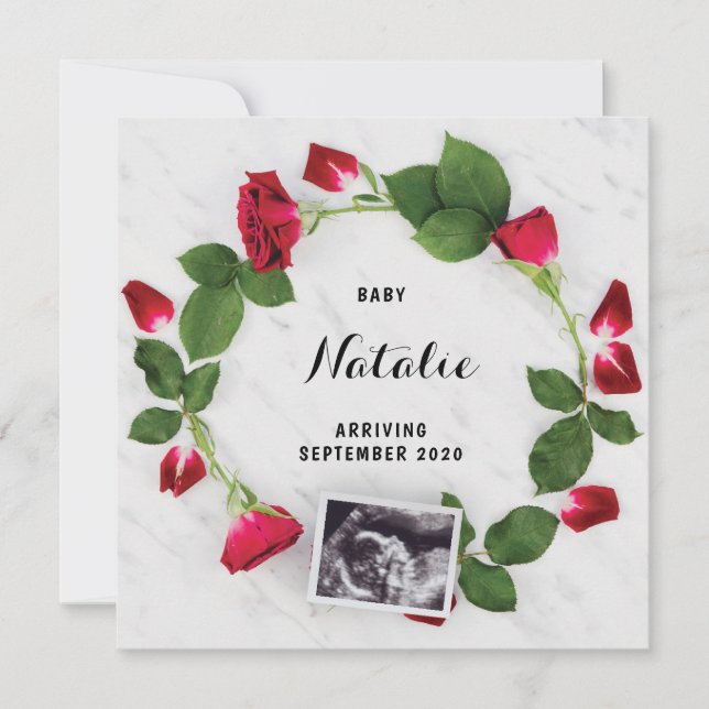 Pregnancy Announcement Red Rose Floral Wreath Card (Front)