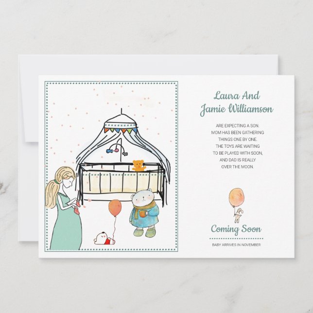 Pregnancy  Announcement Watercolor Baby Boy (Front)