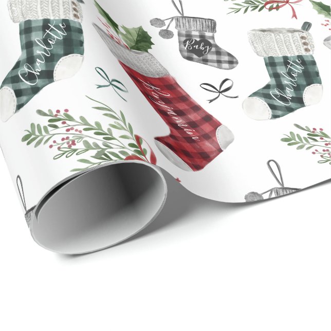 Pregnancy Announcement Watercolor Family Stockings Wrapping Paper (Roll Corner)