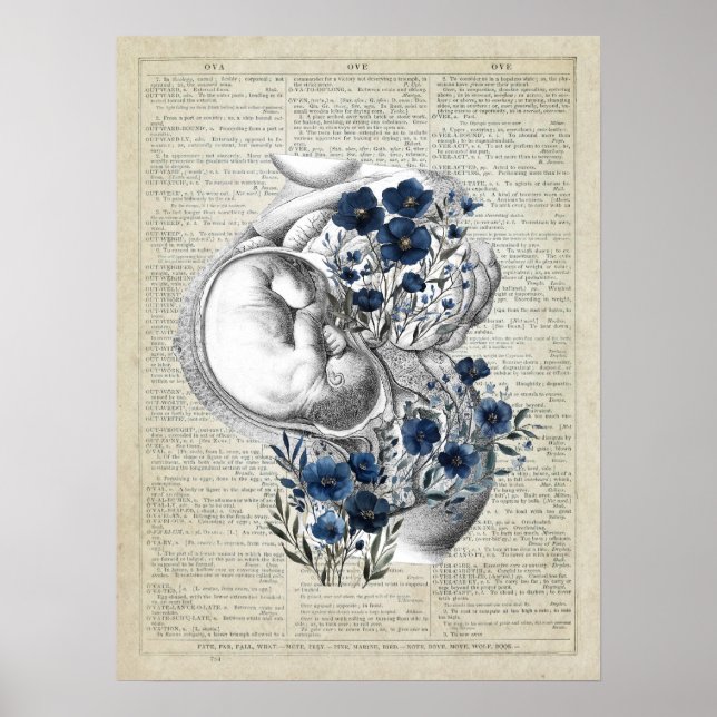 Pregnancy Artwork Anatomy Womb with Blue Flowers Poster (Front)