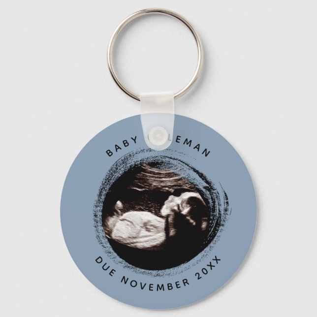 Pregnancy Baby Boy Sonogram Ultrasound Photo Blue Keychain (Front)