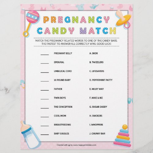 Pregnancy Candy Match Baby Basics Pink Letterhead