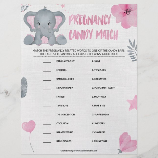 Pregnancy Candy Match [Baby Elephant [Pink]] Letterhead (Front)
