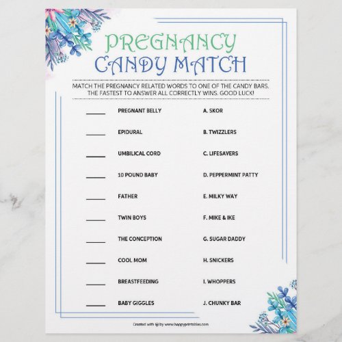 Pregnancy Candy Match Blue Floral Letterhead