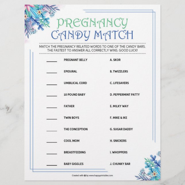 Pregnancy Candy Match [Blue Floral] Letterhead (Front)