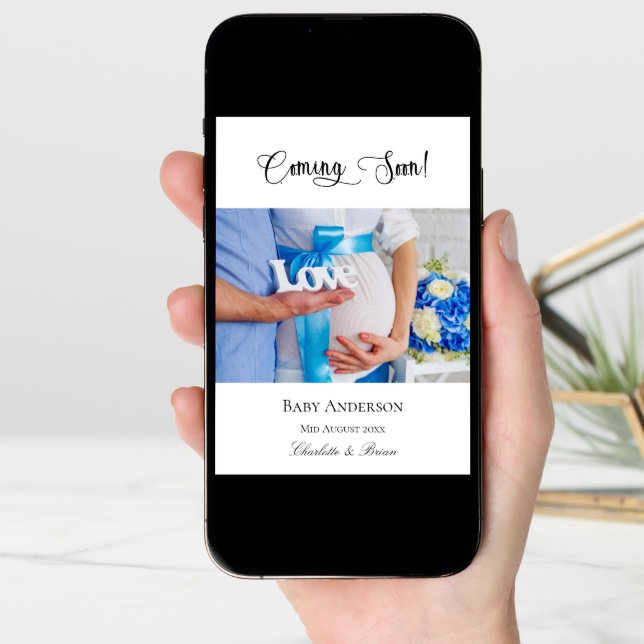 Pregnancy coming soon pregnant baby photo blue announcement (Front Digital)