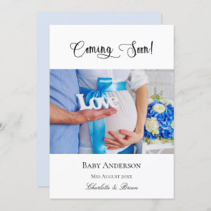 Pregnancy coming soon pregnant baby photo blue announcement