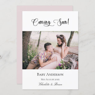 Pregnancy coming soon pregnant baby photo pink announcement