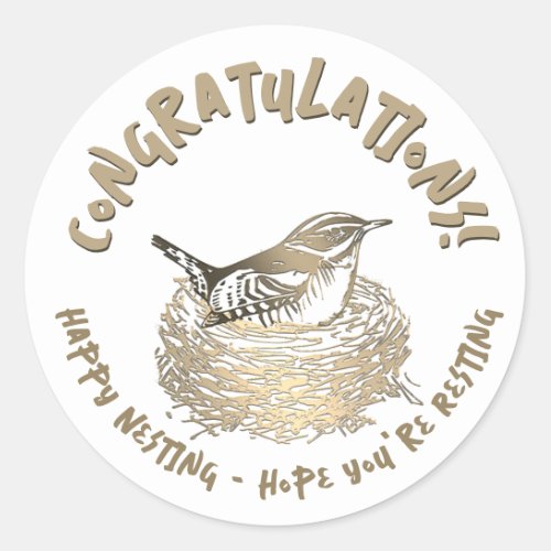 Pregnancy Congratulations Bird Nest Embossed Gold  Classic Round Sticker
