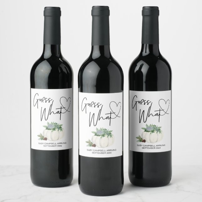 Pregnancy Guess What Baby Reveal Thanksgiving Fall Wine Label (Bottles)