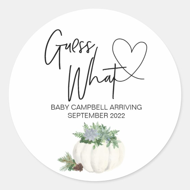 Pregnancy Reveal Guess What Baby Thanksgiving Classic Round Sticker (Front)