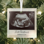 Pregnancy Ultrasound Photo First Christmas Holiday Glass Ornament<br><div class="desc">It's always a good time to share this exciting news with your nearest and dearest. Perfect Christmas gift idea for the grandma the rest of the family with an ultrasound photo ornament. Easily add the baby scan photo and a name by clicking the "Personalize" button Customize this unique announcement display,...</div>
