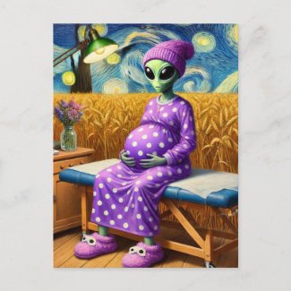 Pregnant Alien in a Polka Dot Dress in Wheat Field