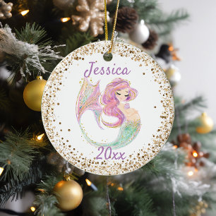 Pregnant Expecting Mermaid Gold Confetti Ceramic O Ornament