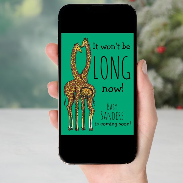Pregnant Giraffe couple with customizable name Holiday Card (Front Digital)