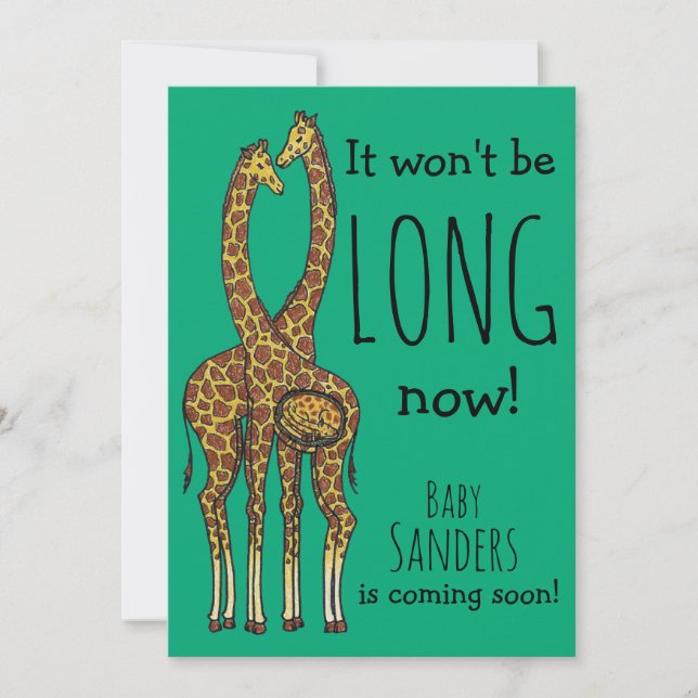 Pregnant Giraffe couple with customizable name Holiday Card (Front)