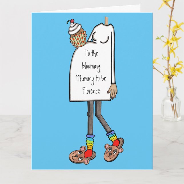 Pregnant Lady Medium Skin Tone Baby Shower Card (Yellow Flower)