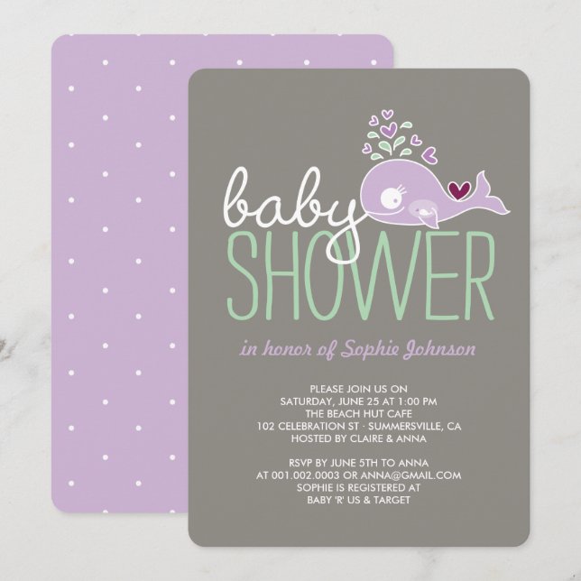 Pregnant Lilac Mommy Whale Girl Baby Shower Invite (Front/Back)