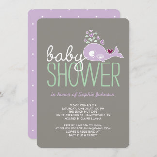 Pregnant Lilac Mommy Whale Girl Baby Shower Invite
