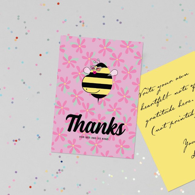 Pregnant Mom Bee with Glasses Pink Floral Thank You Card (Creator Uploaded)