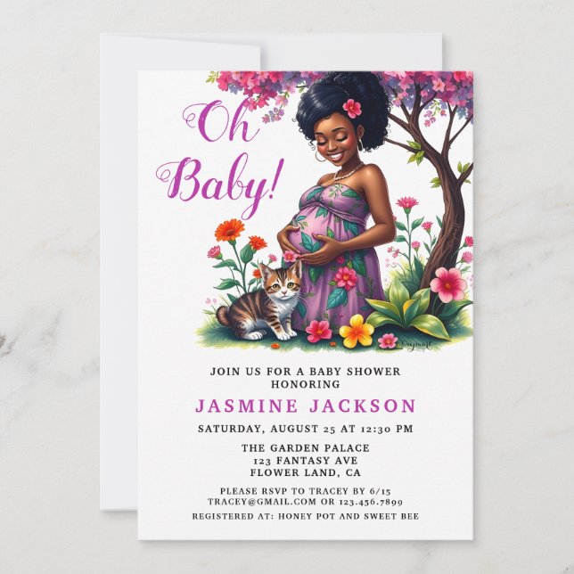 Pregnant Mom Cat Floral Purple Baby Shower Invitation (Front)