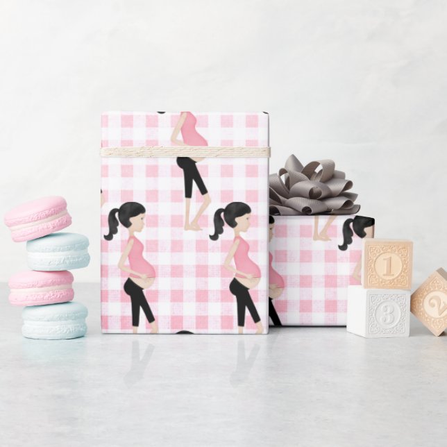 Pregnant Mom On Pink Gingham Wrapping Paper (Baby Shower)