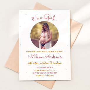 Pregnant Mom Photo Round Frame Baby Girl Shower Invitation