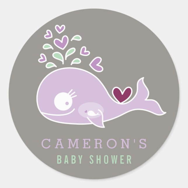 Pregnant Mom Purple Whale Girl Baby Shower Sticker (Front)