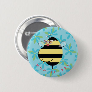 Pregnant Mom-to-Bee with Glasses Teal Blue Floral Button