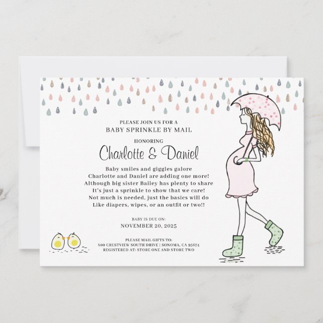 Pregnant Mom Under Umbrella Baby Sprinkle By Mail  Invitation (Front)