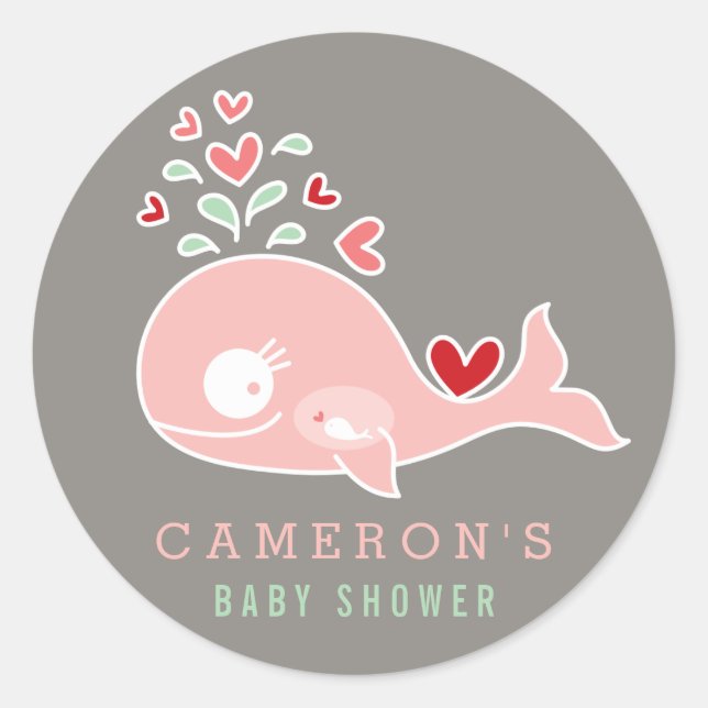 Pregnant Mommy Pink Whale Girl Baby Shower Sticker (Front)