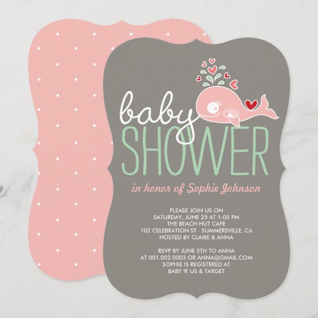 Pregnant Pink Mommy Whale Cute Girl Baby Shower Invitation (Front/Back)