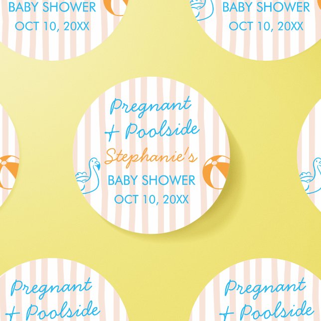 Pregnant & Poolside Summer Pool Party Baby Shower Classic Round Sticker (Creator Uploaded)