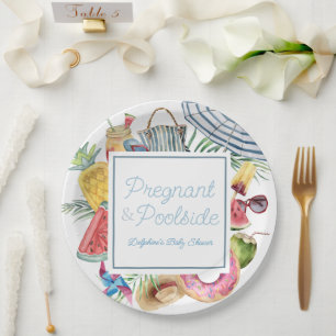 Pregnant & Poolside Tropical Boy Baby Shower Paper Plates